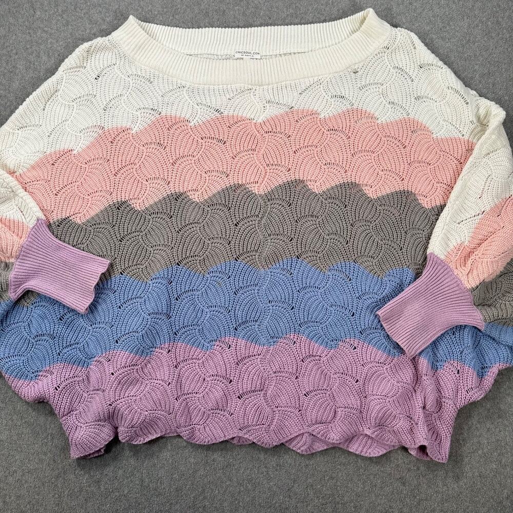 Chicsoul Scallop Edge Colorblock Open Knit Sweater Women's 1X Wide Neck Slouchy